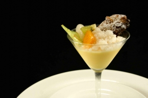 nagerecht - Lycheegranite, mandarijn-yuzu cremeux en zoete rempejeh