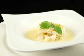 tussengerecht - Grietfilet op romige bloemkool met tartaar van coquilles en Noilly Prat-saus