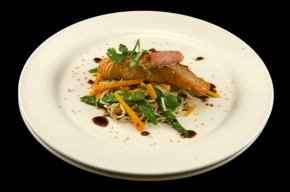 hoofdgerecht - Zalmplakjes met teriyakisaus, enokitake en mihoen