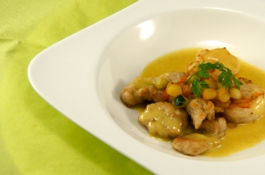 voorgerecht - Gamba met kalfszwezerik en kerriebotersaus