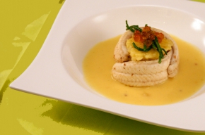 voorgerecht - Tong met risotto en gele paprikasaus