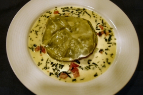 tussengerecht - Warme clubsandwich van lasagne met gebakken scampi, gerookt